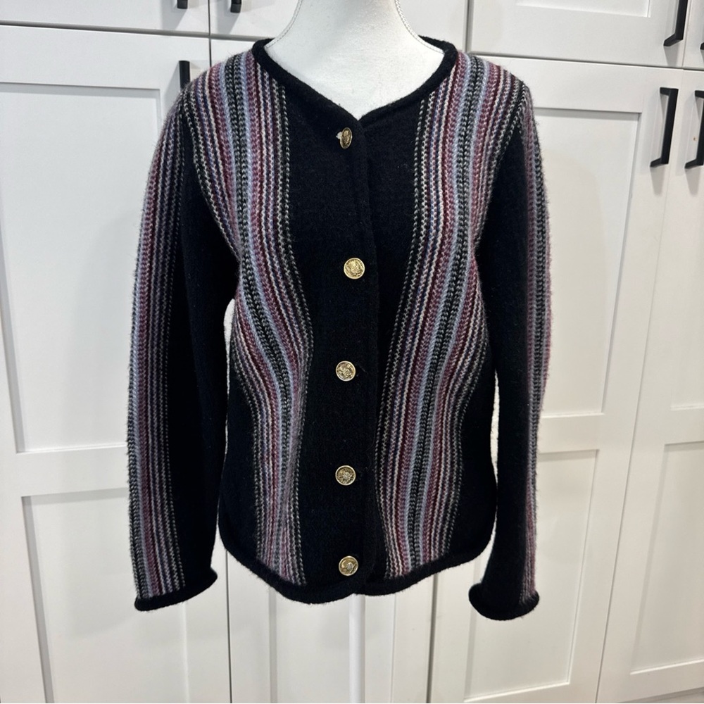 Vintage Robert Mackie 100% Wool Black Striped Sweater button up cardigan M